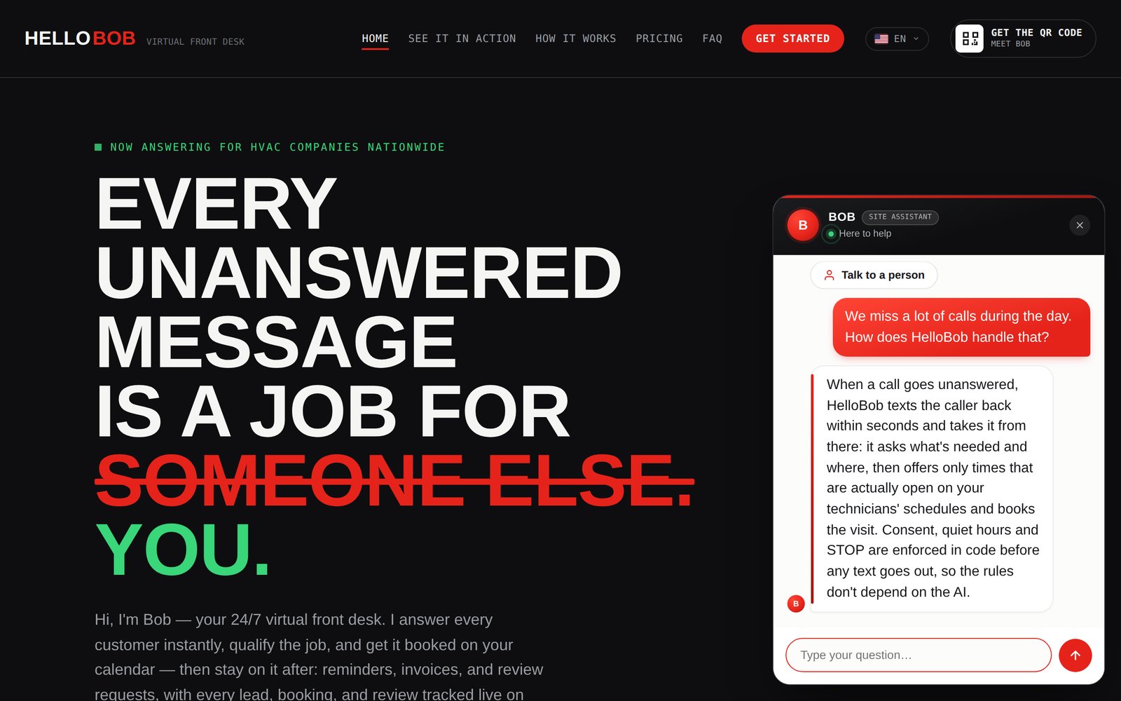 Ask Bob website chat open on the HelloBob site, answering how missed calls are texted back, qualified, and booked
