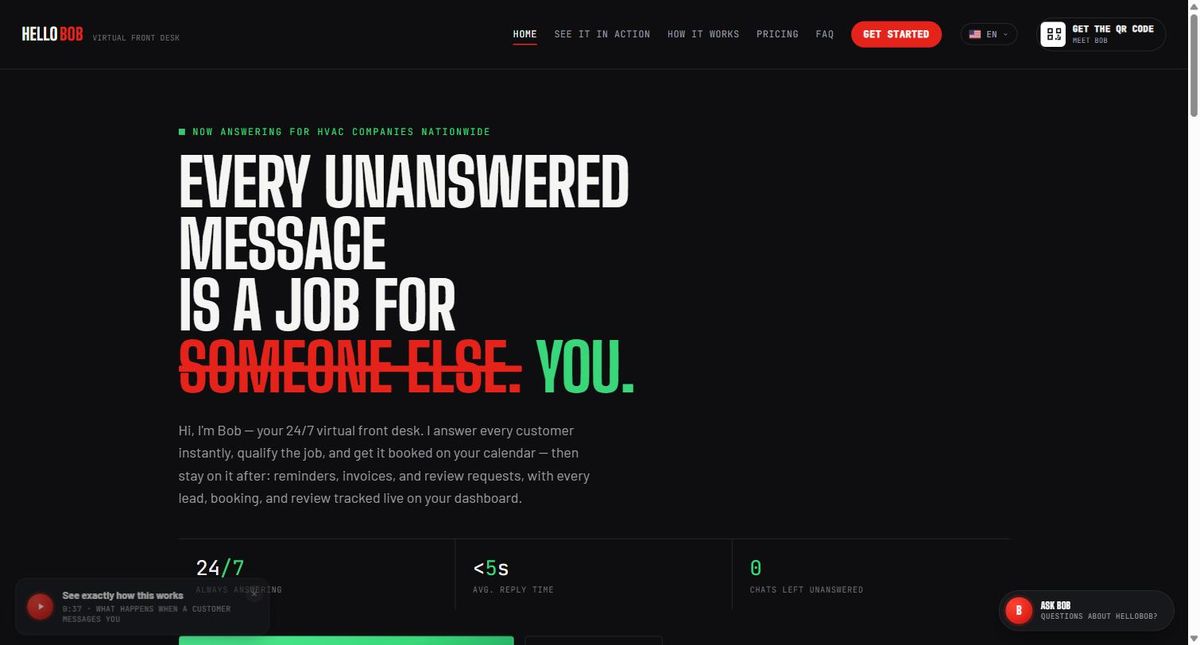 HelloBob landing page: Every unanswered message is a job for you